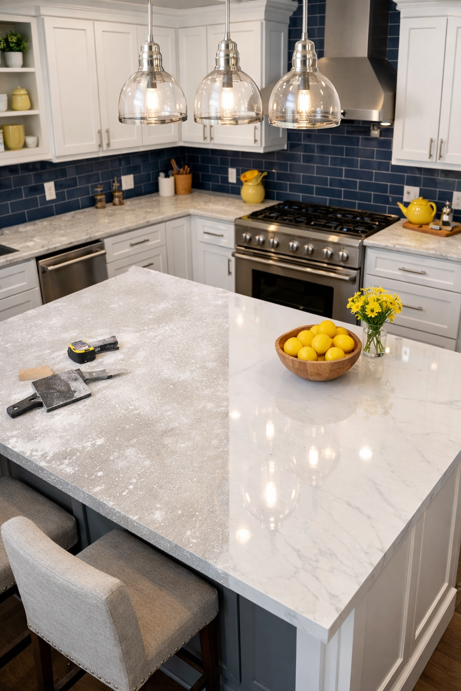 Professional post construction cleaning in Littleton transforming a dusty kitchen renovation into a pristine space.