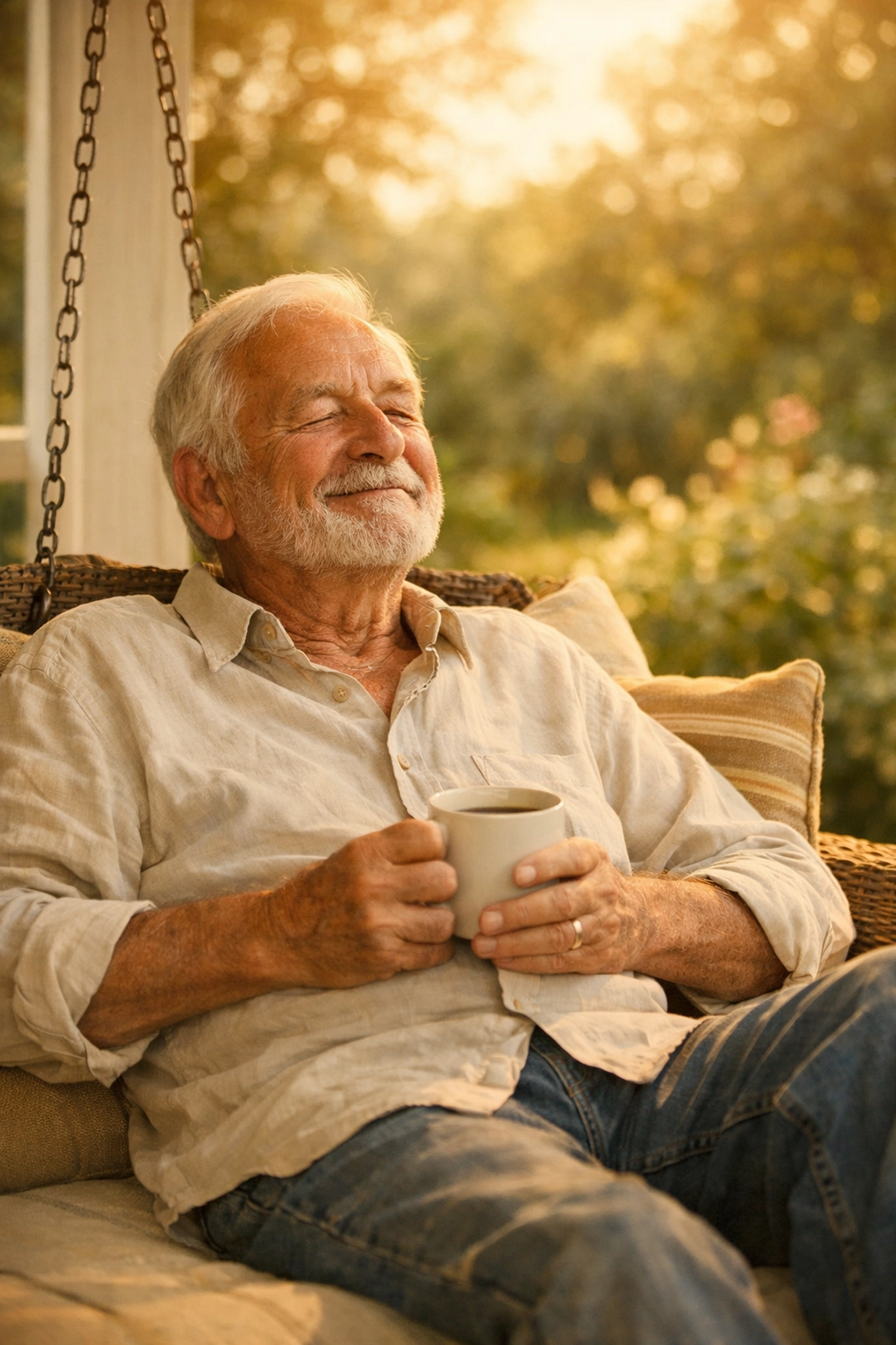 Senior man relaxing peacefully on porch enjoying moment of rest and tranquility