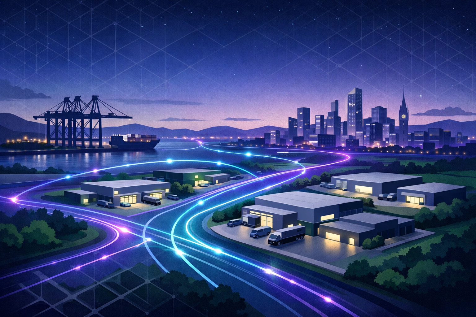 Modern illustration of the North West logistics corridor including Liverpool and Manchester skyline.