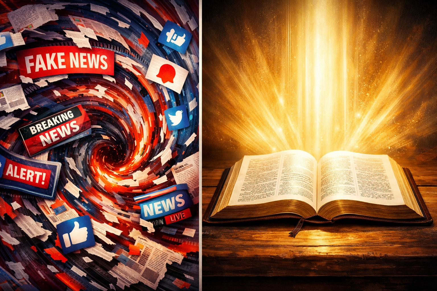 Contrast between chaotic news media and peaceful Bible showing truth versus information overload