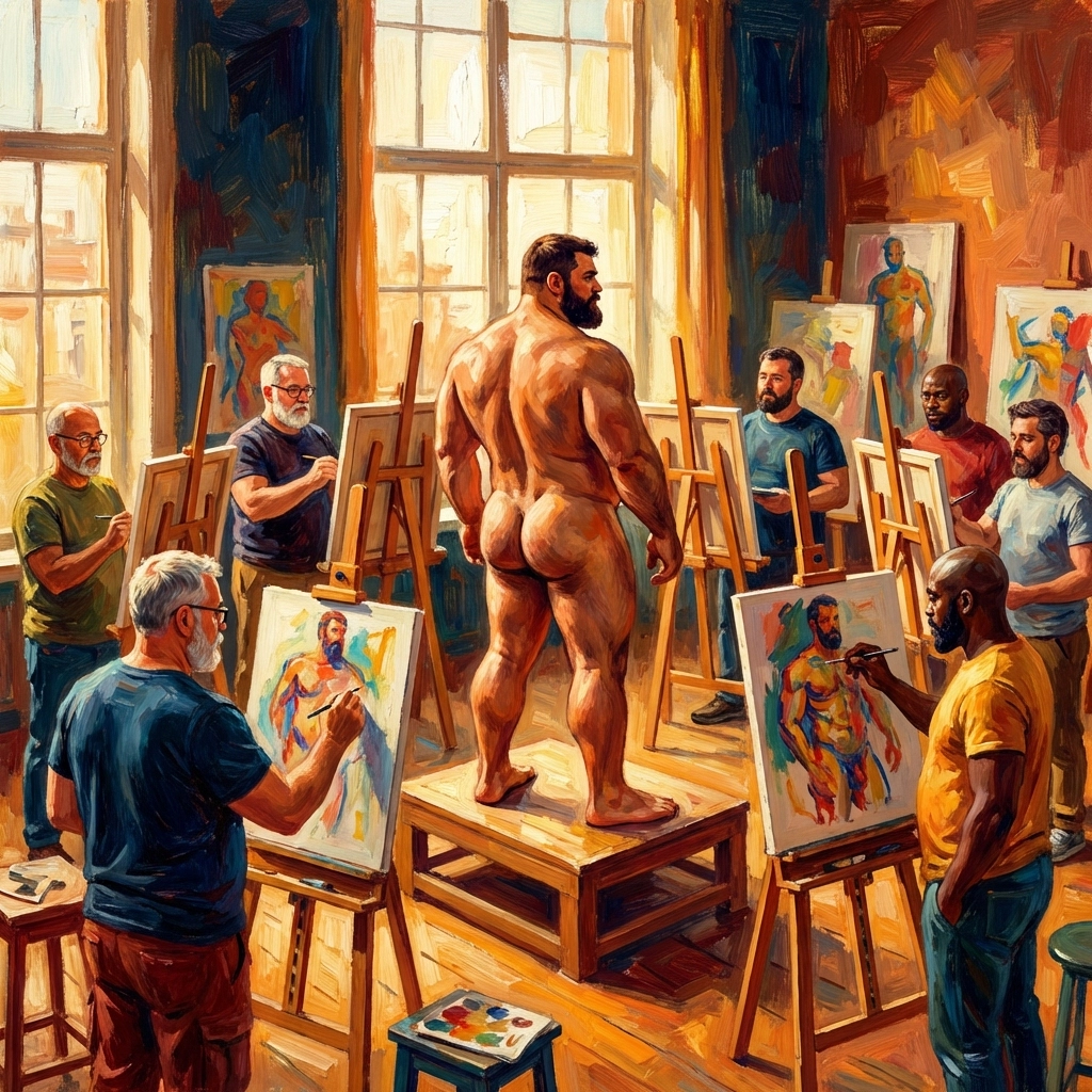 Diverse gay men in an art studio celebrating the male form and body positivity through life drawing and sketches.