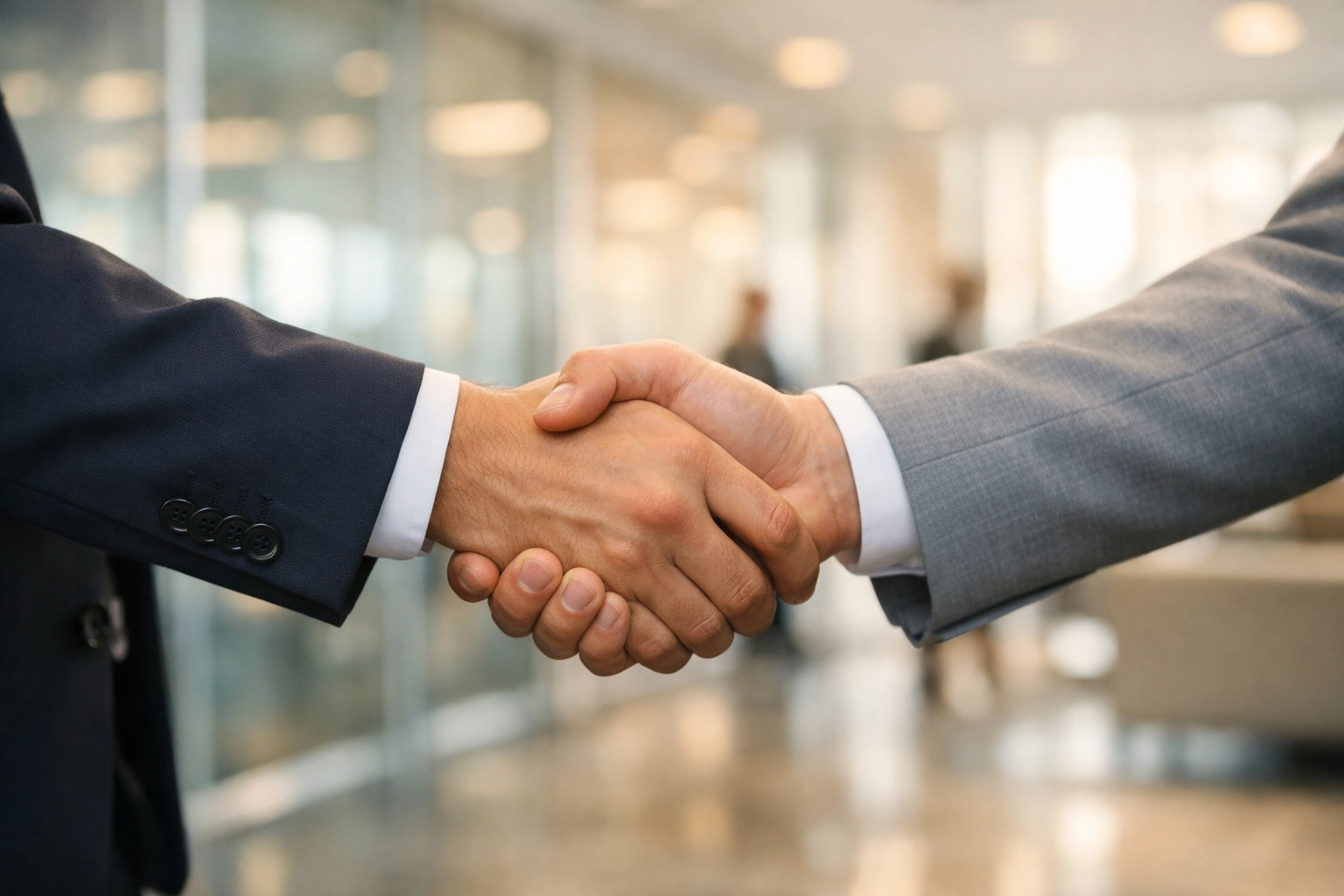 Business professionals shaking hands in a corporate lobby representing a trusted asset recovery partnership.