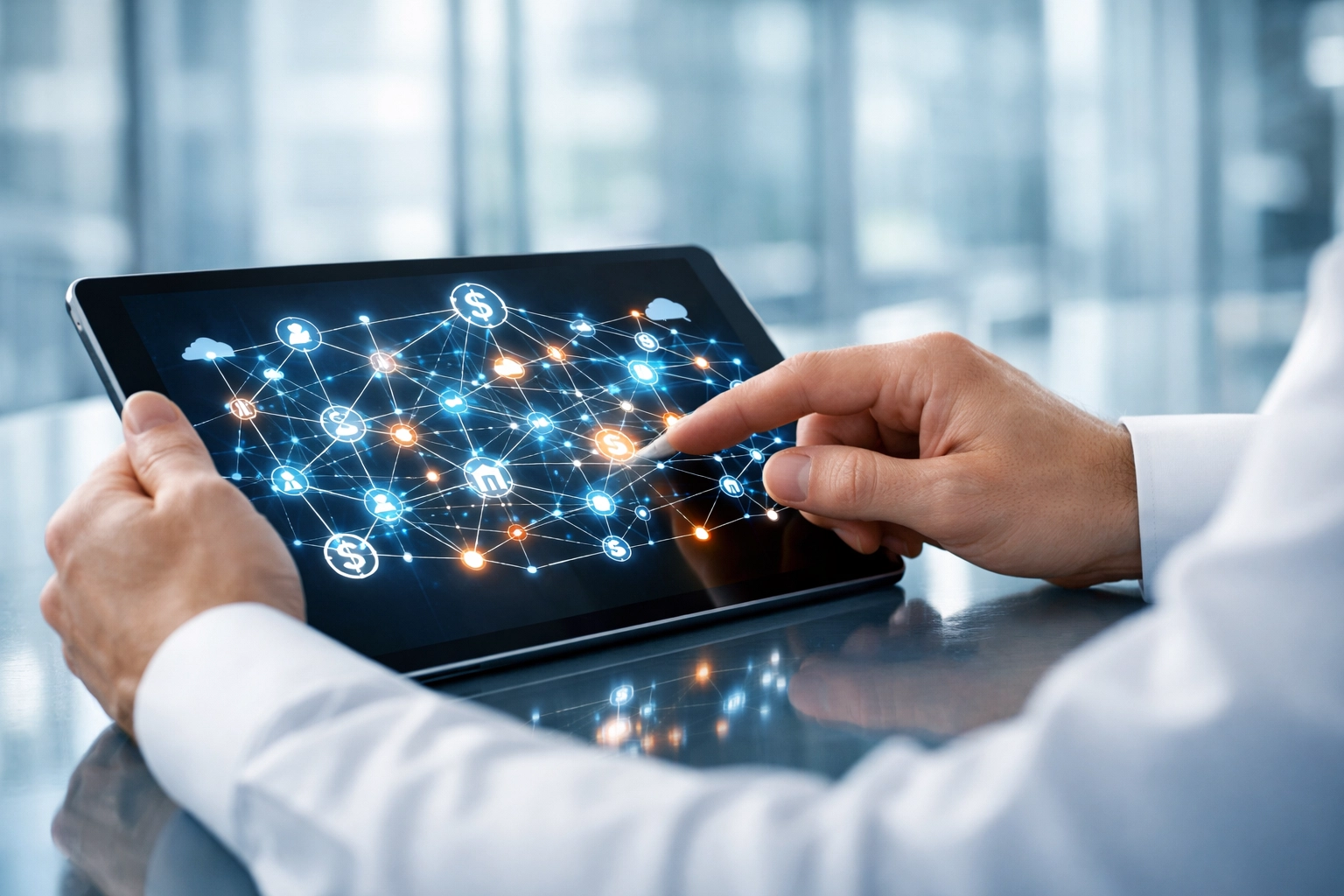 Forensic investigator tracking cryptocurrency transactions on a digital tablet for blockchain asset recovery.