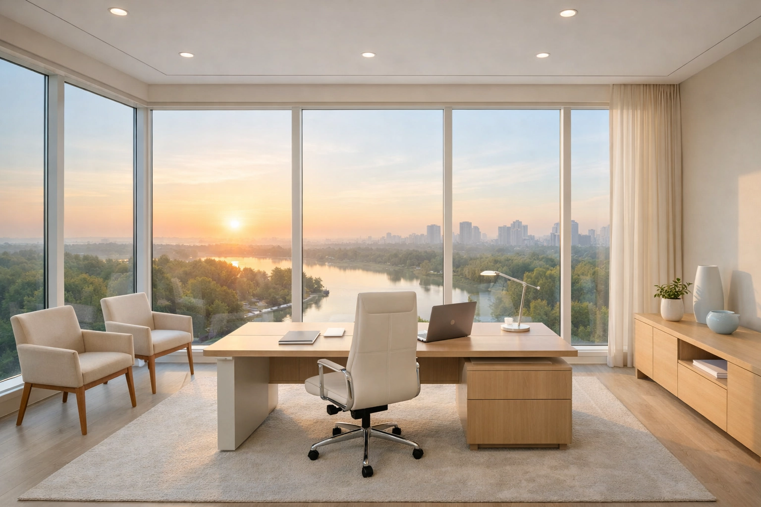 A modern executive office suite reflecting a successful business exit and transition in Mississippi.