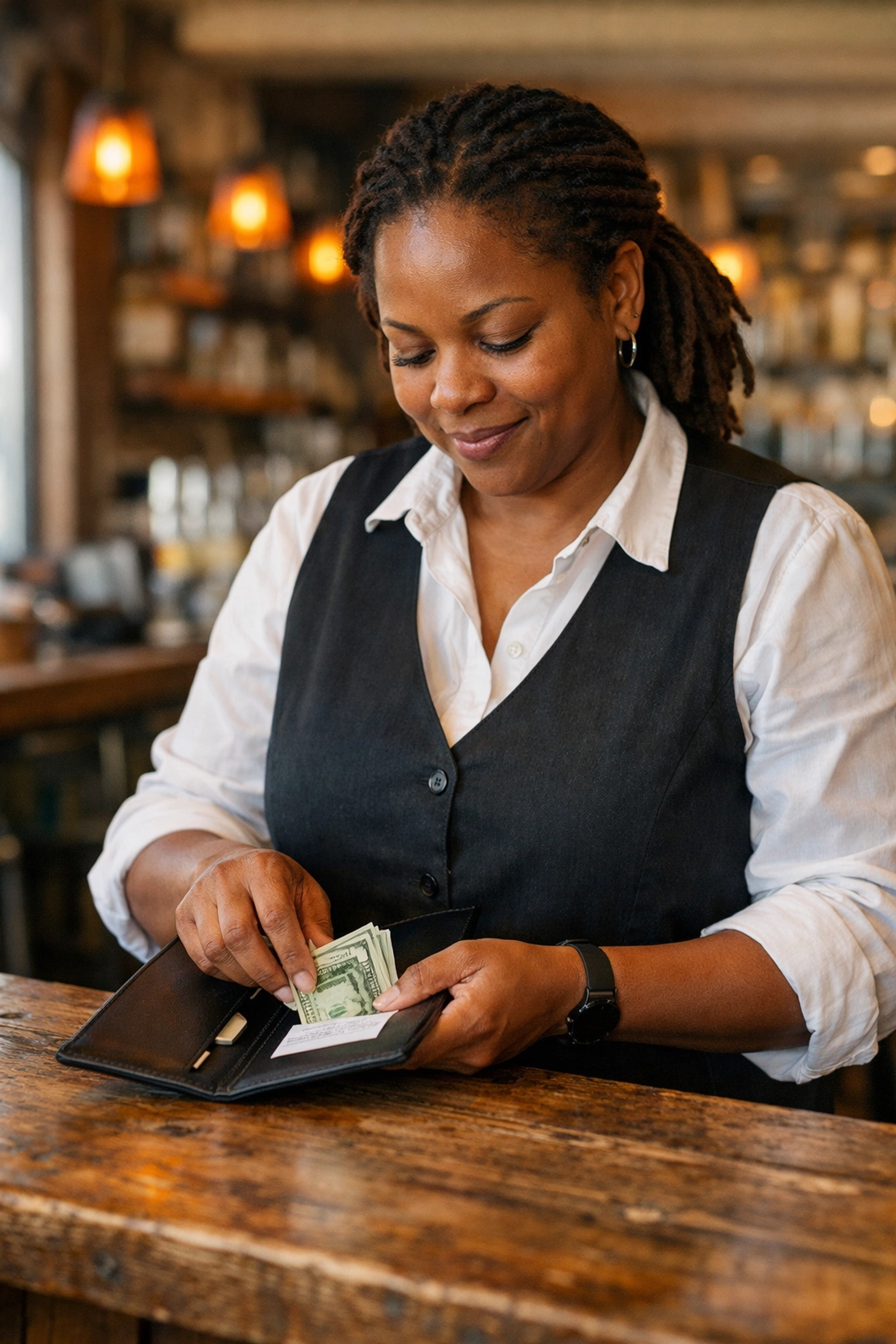 Restaurant manager managing cash flow at a bar to improve operational efficiency and restaurant profit.