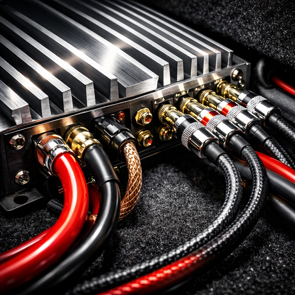 Car amplifier installation in trunk with power cables and RCA wiring connections