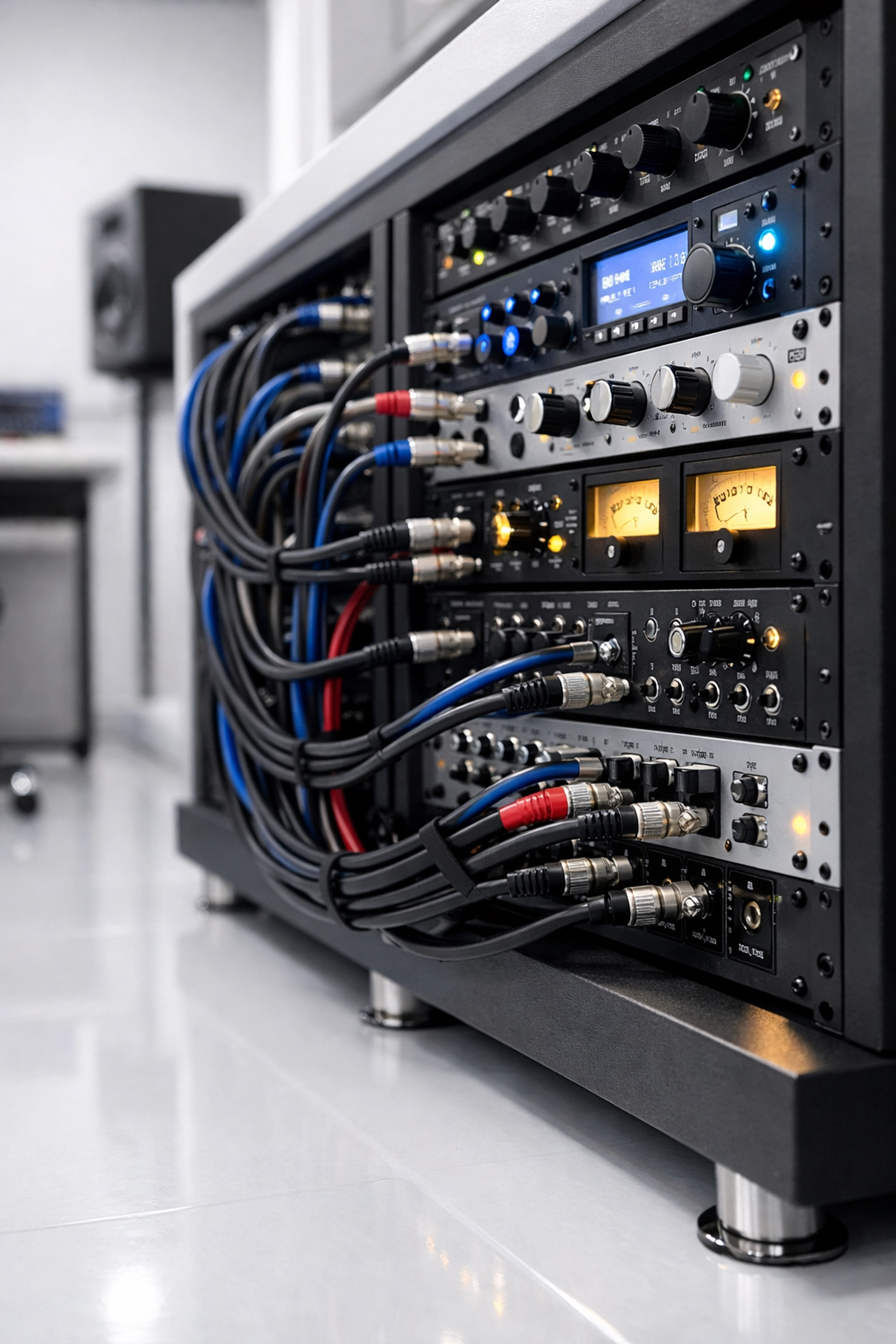 Organized and dust-free studio equipment rack with professional cable management.