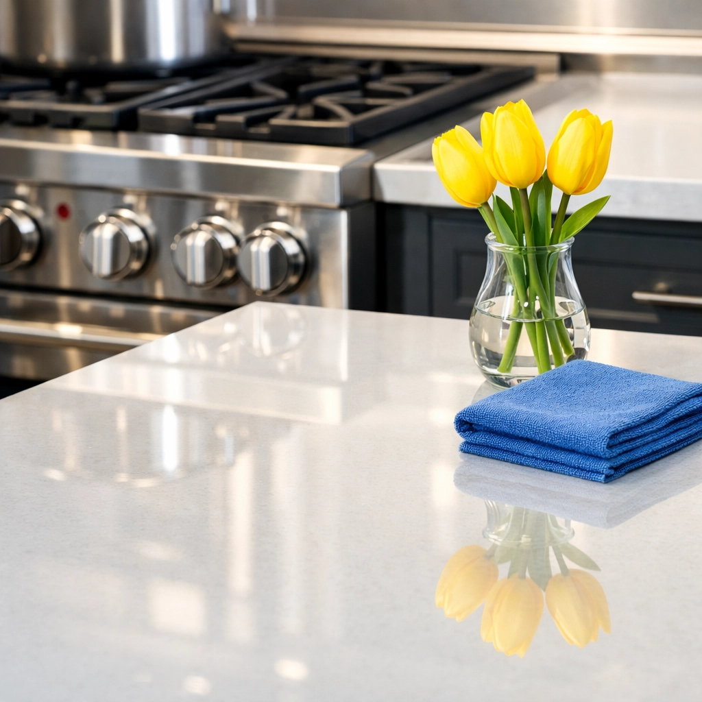 Immaculate luxury kitchen with polished quartz countertops cleaned by residential cleaning Massachusetts experts.