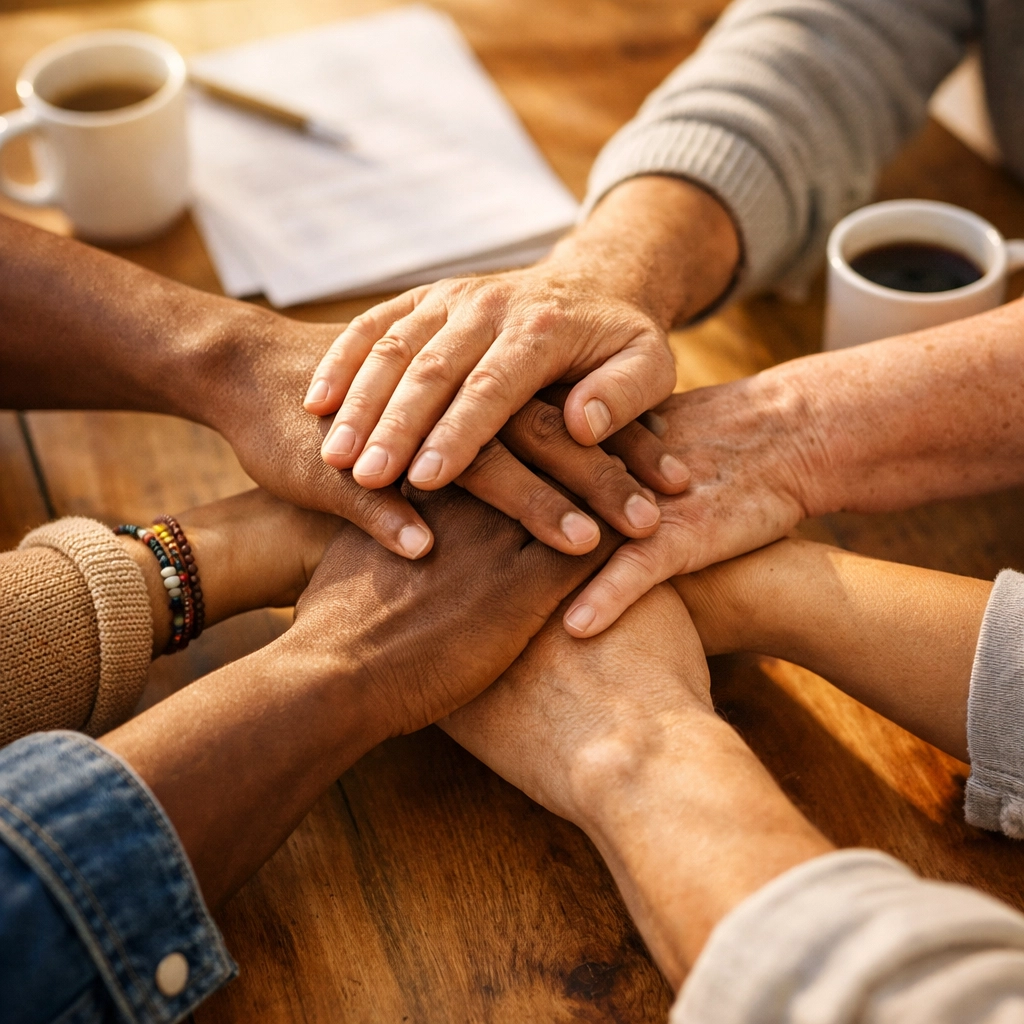 Drive photo: Diverse community partners and Family ReBuild team members meeting with a family in a bright, welcoming community room; natural light, warm colors, collaborative conversation at a table