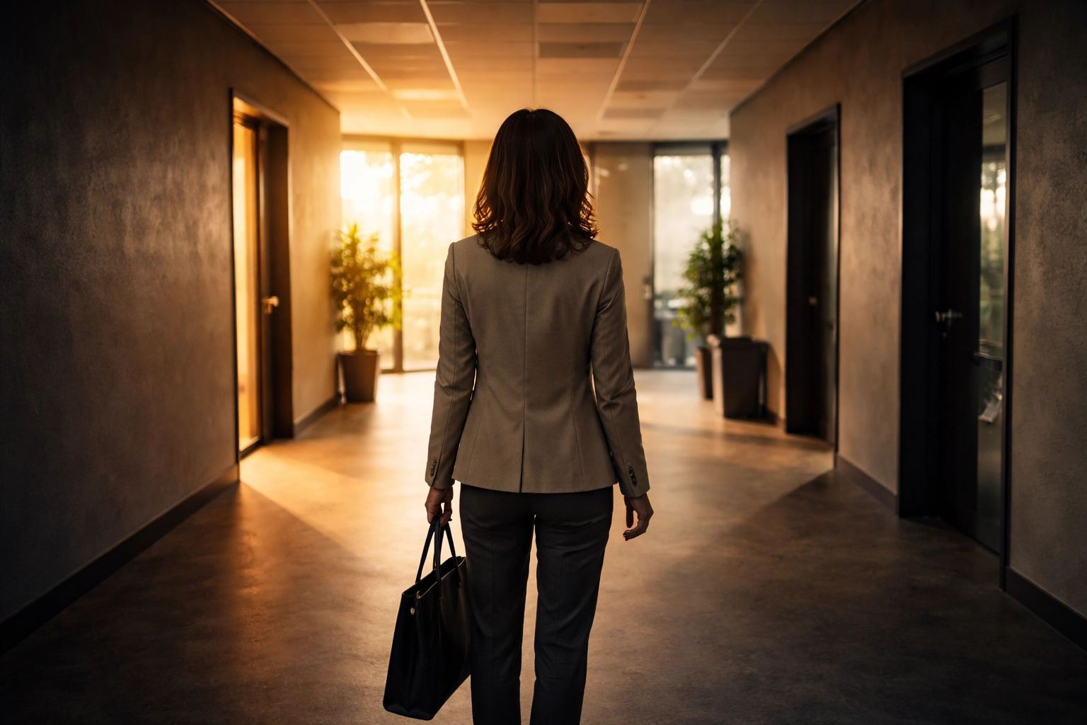 Business professional at a crossroads in an office, symbolizing MSP owners making strategic client decisions.