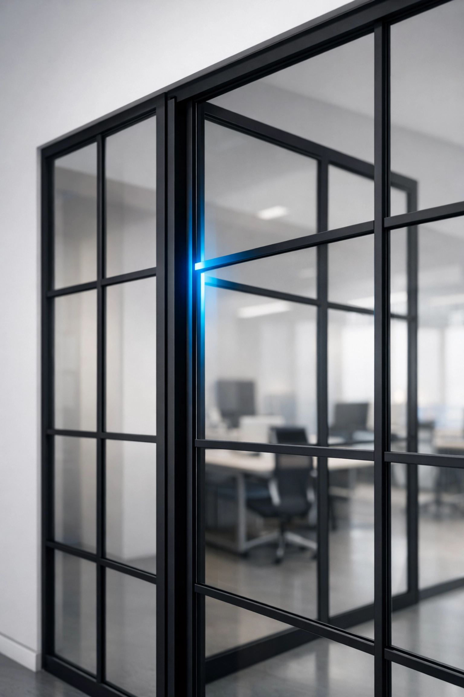 Modern Crittall-style glass office partitions installed during a contemporary commercial office fit out.
