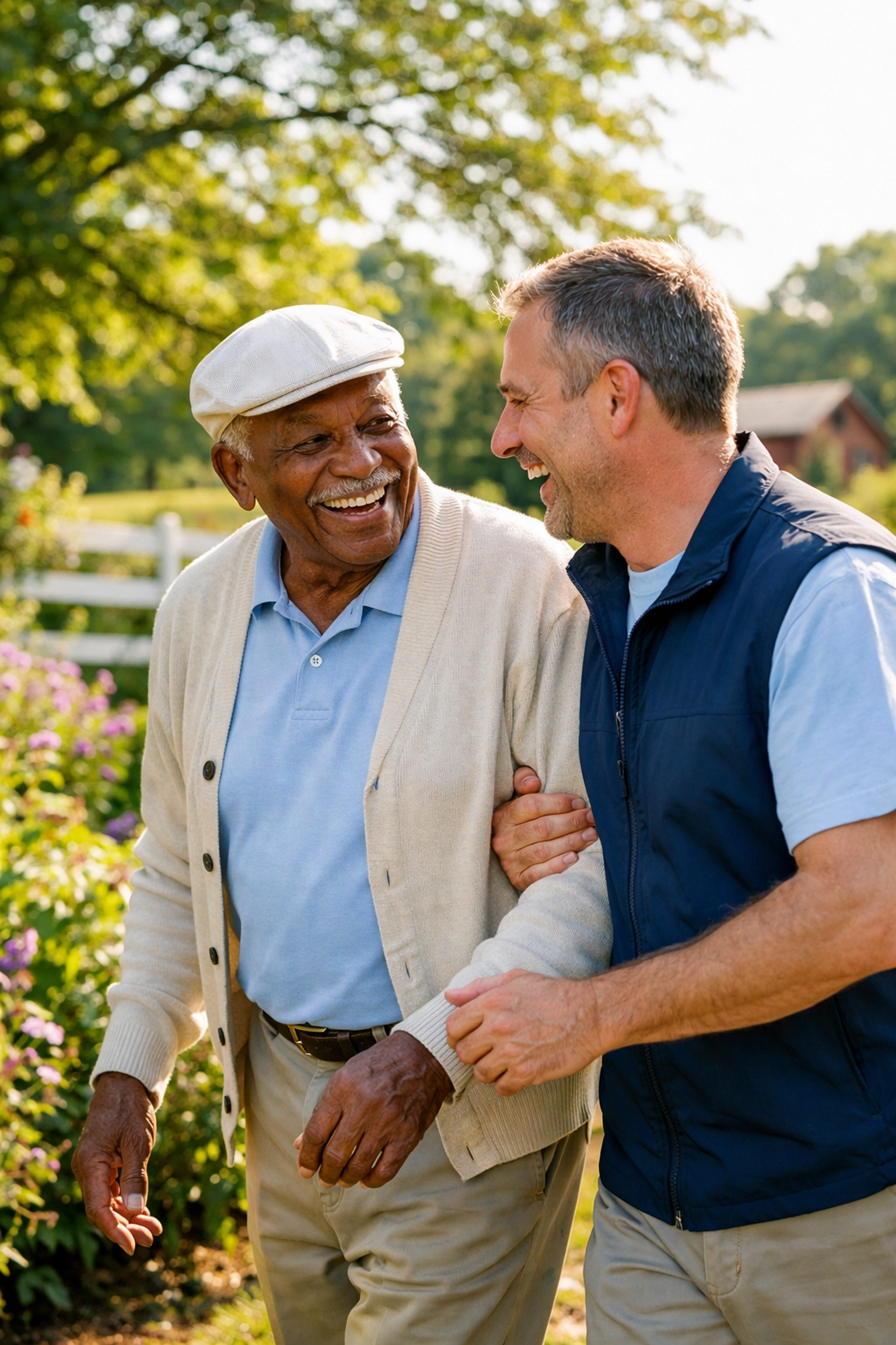 Reliable home care support for an elderly man walking in a Fauquier County garden.