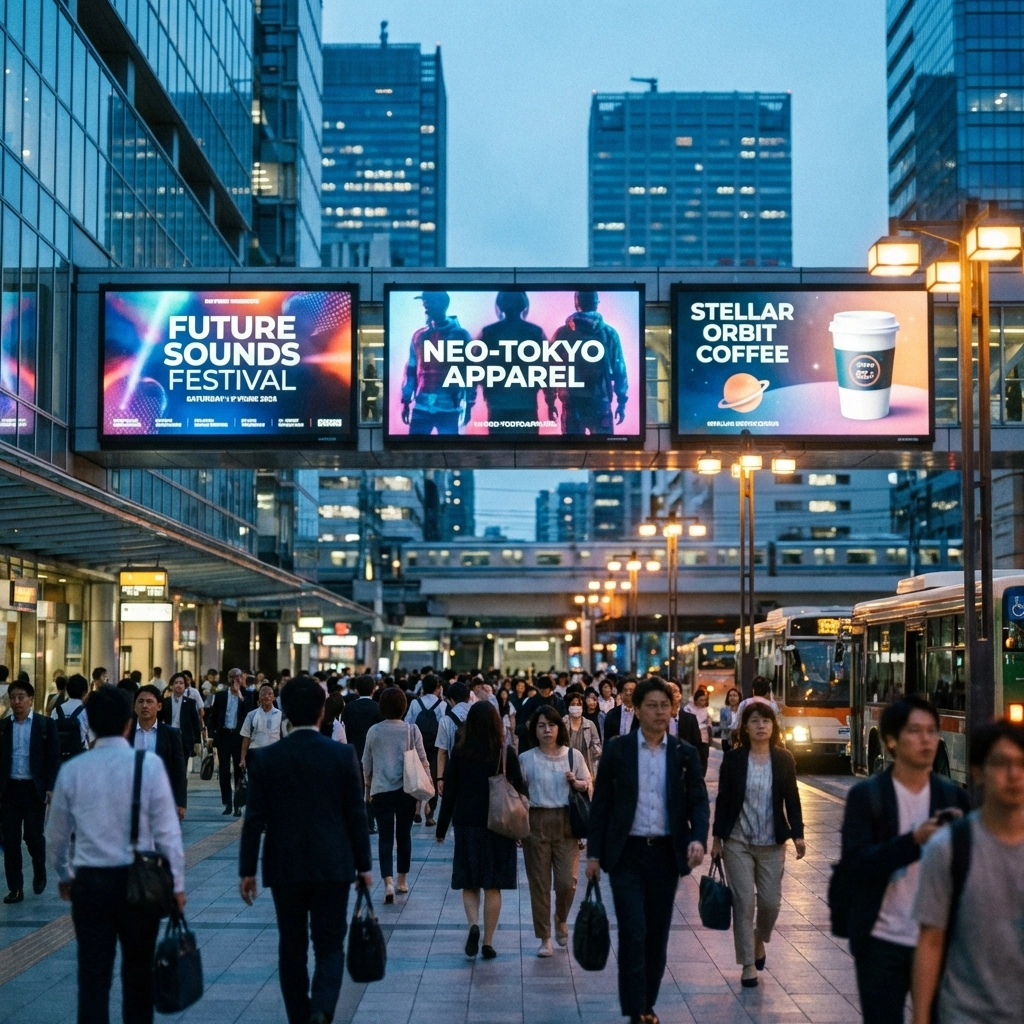 Digital billboards and DOOH screens in busy transit hub reaching event attendees and commuters