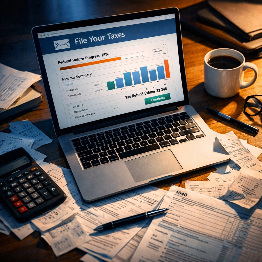 Tax filing season workspace with laptop and documents for Quebec 2025 income tax returns