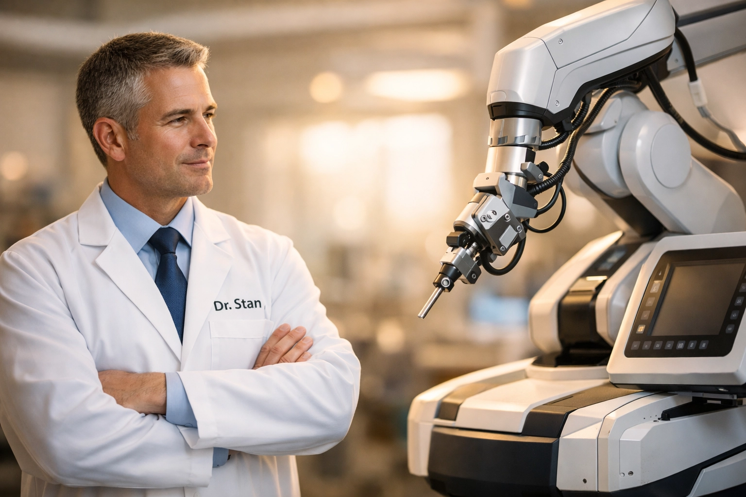 A doctor examining advanced robotic surgical equipment in a modern, sunlit medical practice suite.