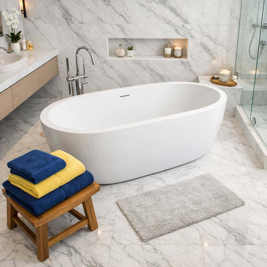 Modern freestanding bathtub in a clean bathroom ready for soaking greasy oven racks.