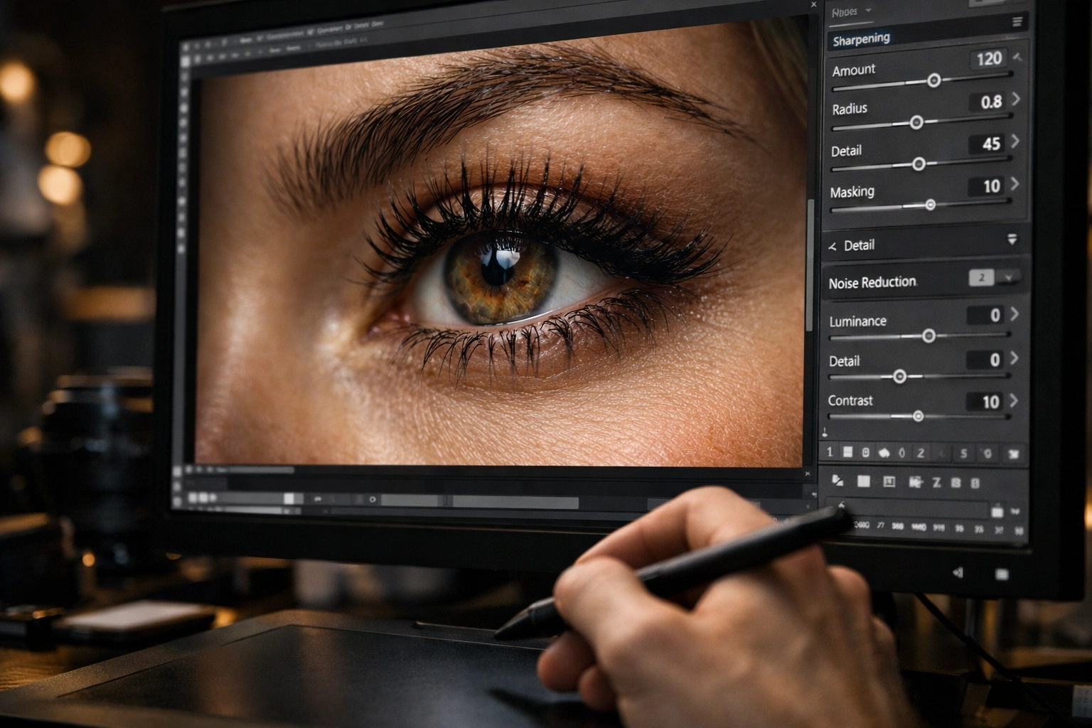 Professional editing workflow for selective sharpening and high-end portrait photography.