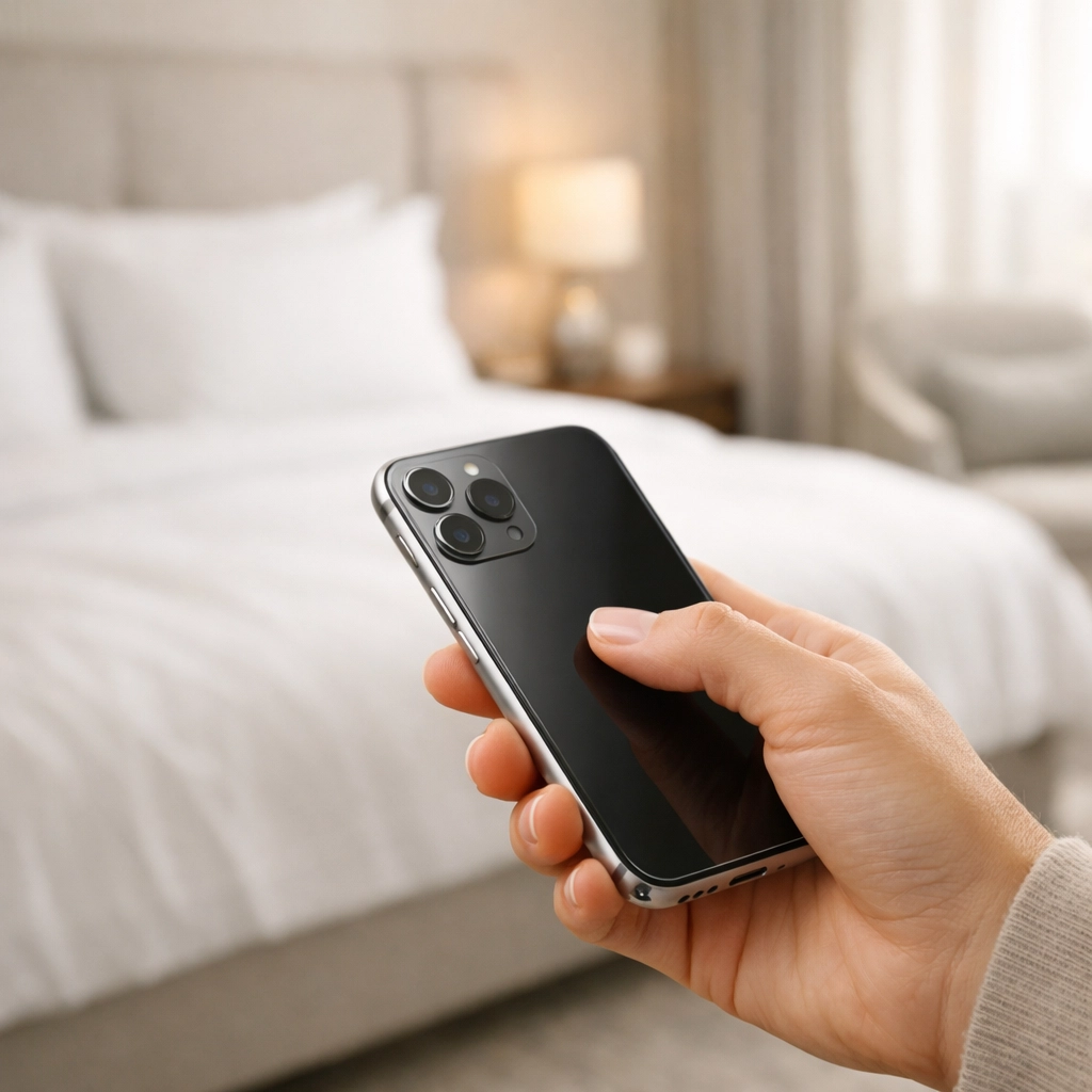 A guest using a smartphone for effortless mobile payments and check-in within a luxury hotel suite.