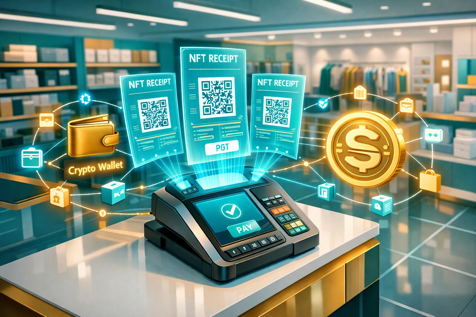 Modern crypto POS system with NFT receipts, master wallets, and stablecoin integration for merchants