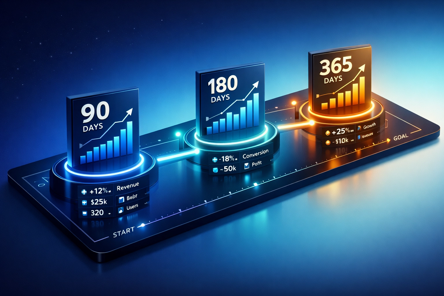 ServiceNow implementation milestone dashboard tracking 90, 180, and 365-day ROI goals