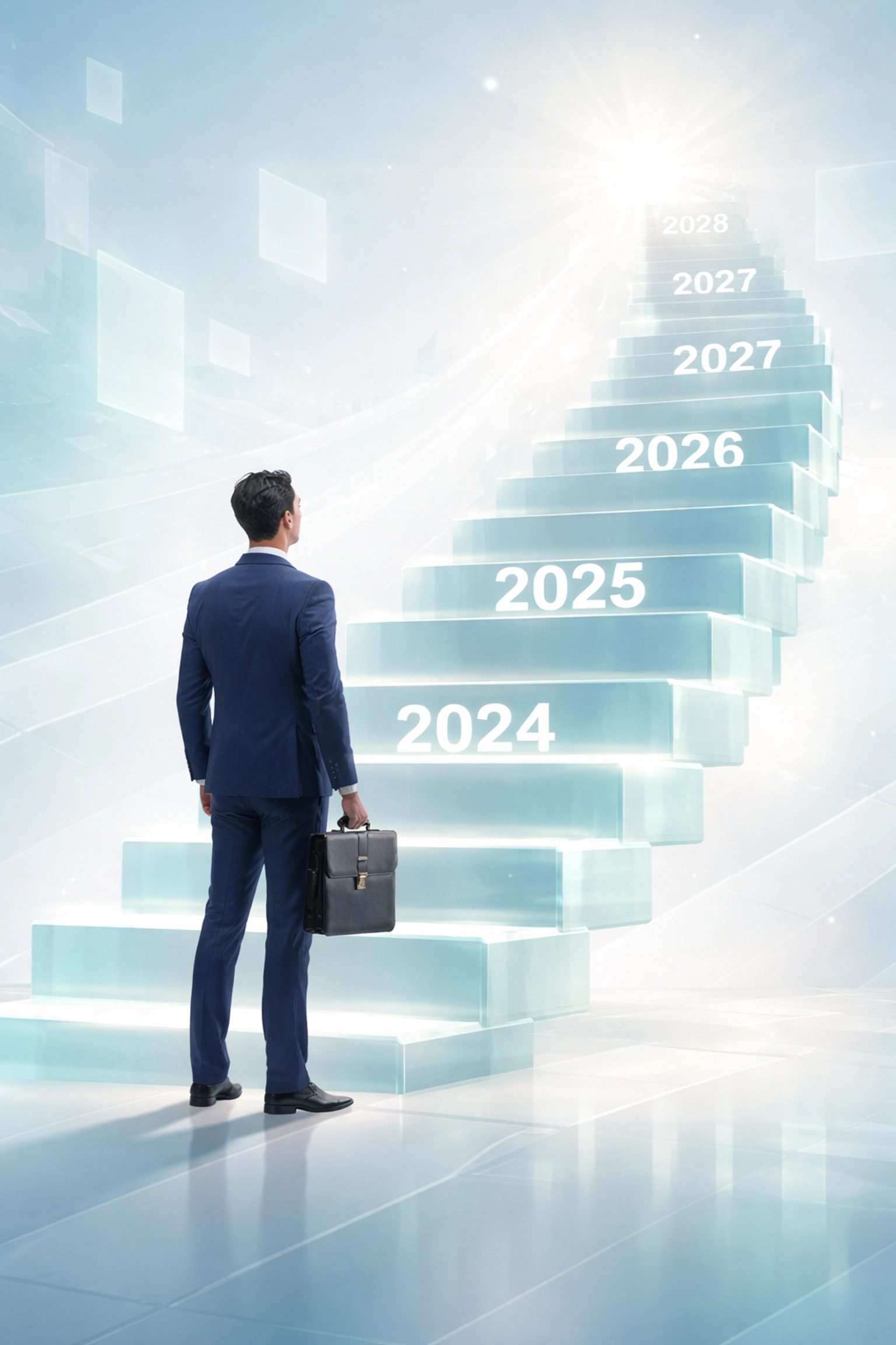 Businessman at the base of a glowing staircase symbolizing a 5-year exit strategy roadmap for treatment center owners