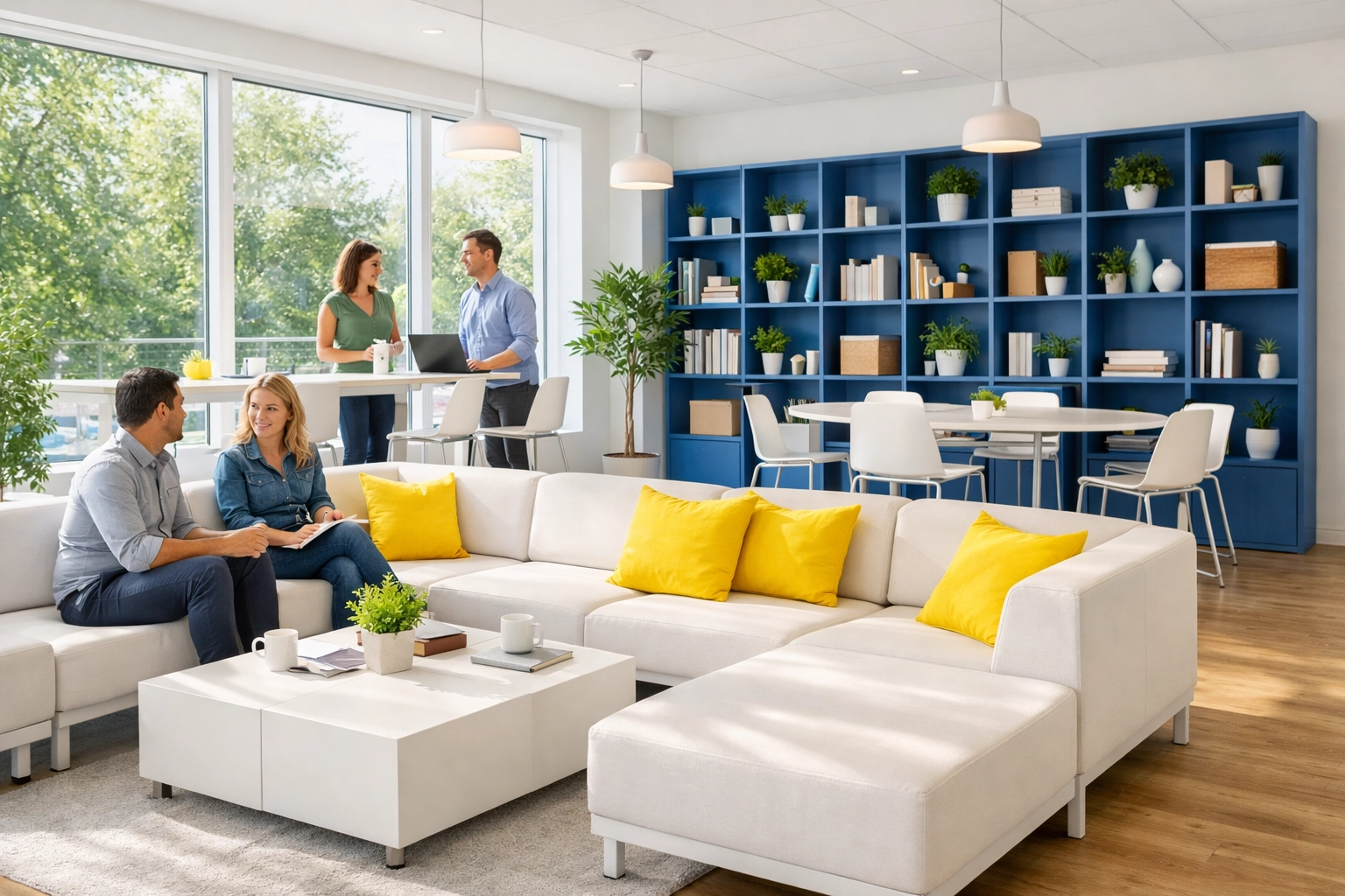 Bright and healthy office collaboration space cleaned with eco-friendly janitorial practices in Longmeadow.