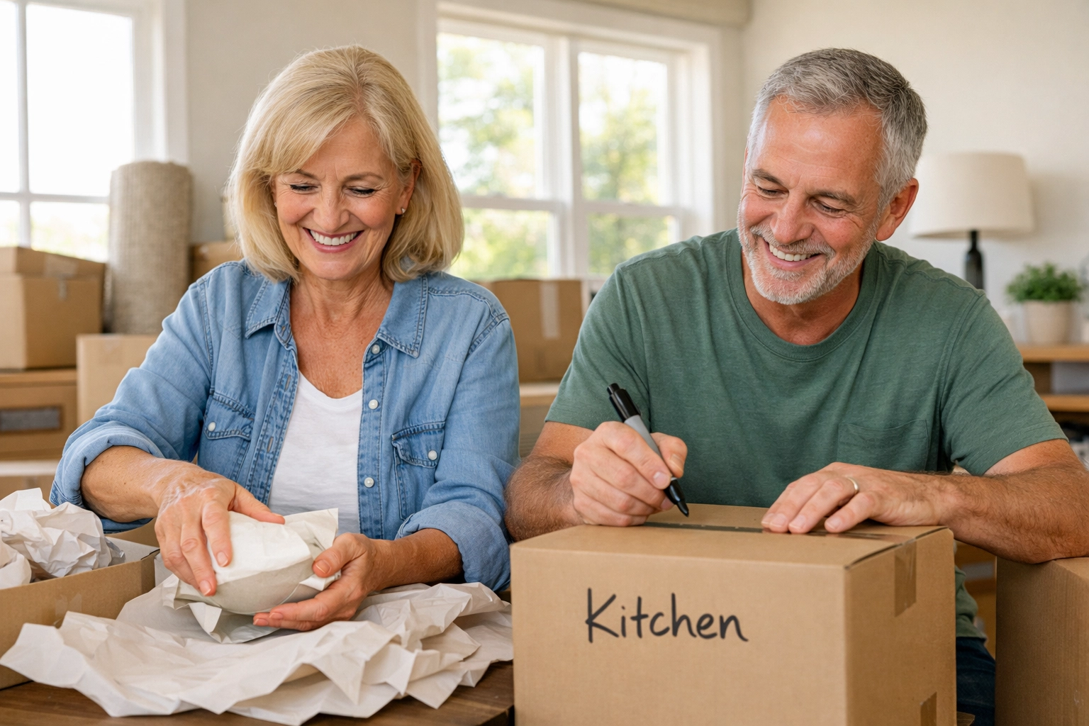 Empty nester couple happily packing moving boxes while downsizing their Denver home