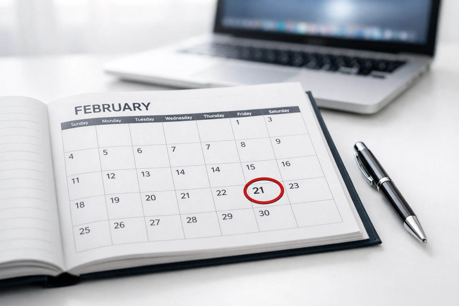 February tax calendar marking IRS 21-day refund processing timeline with pen