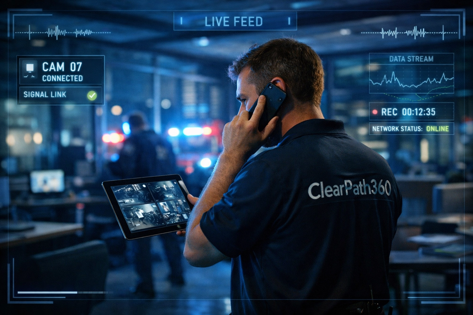 ClearPath360 technician coordinating emergency response with real-time camera feed access during active 911 call