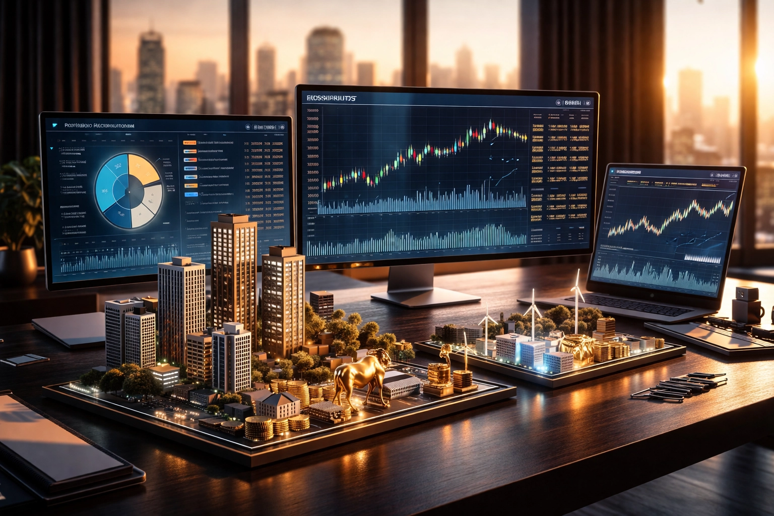 Investor's desk with financial charts and real estate models, showcasing private equity diversification strategies in 2026.