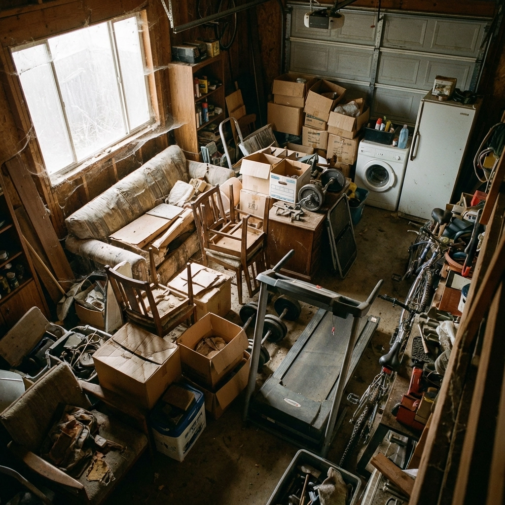 Overhead view of a cluttered garage filled with bulky waste items ready for disposal or recycling.