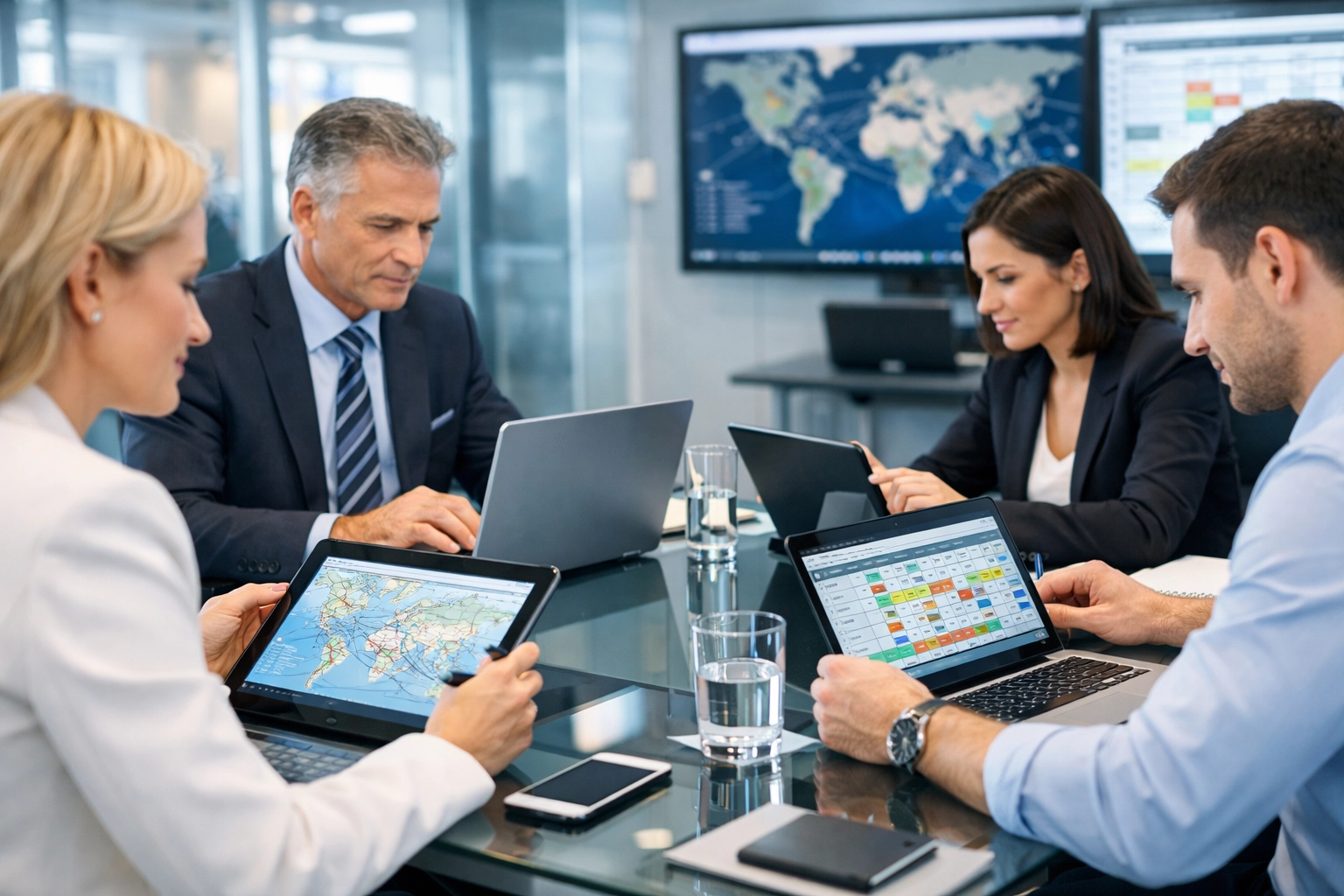 Corporate travel management team coordinate Super Bowl logistics in a modern digital command center.