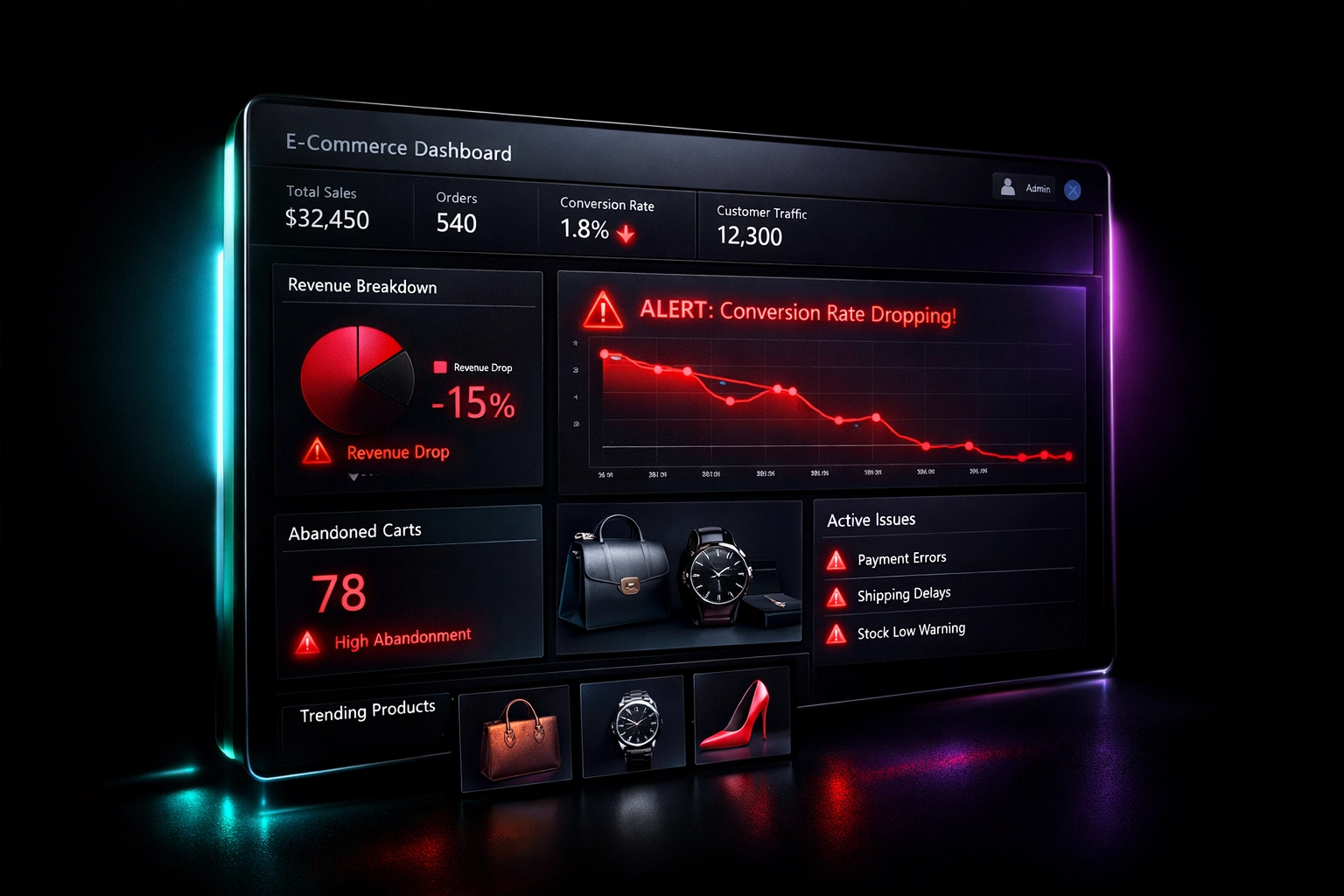 E-commerce dashboard showing declining conversion rates and rising platform costs for luxury retailers
