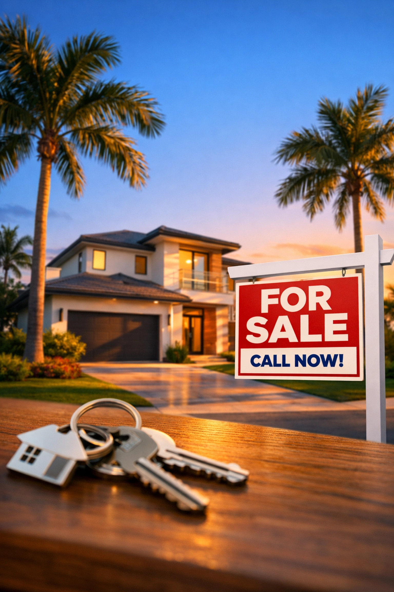 Modern Florida investment property home with for sale sign and keys