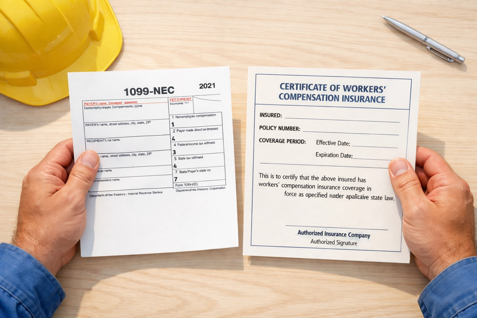 Comparing 1099 form and workers comp certificate for contractor classification