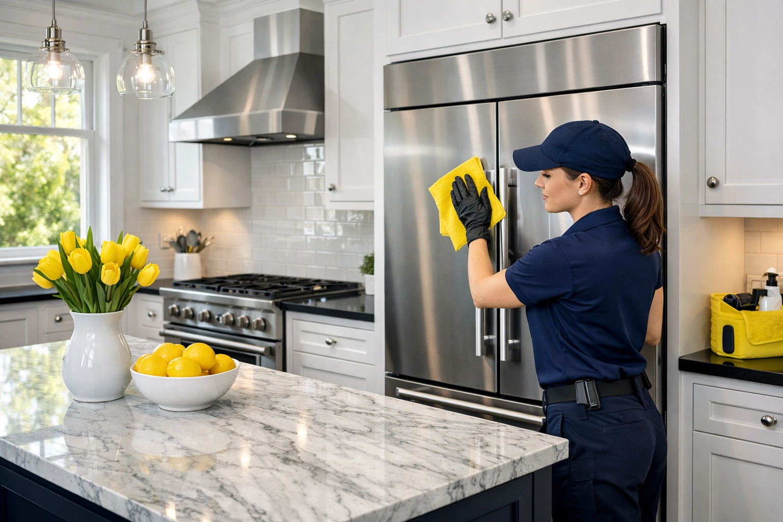 Professional cleaner performing a deep cleaning MA service in a modern Massachusetts kitchen.