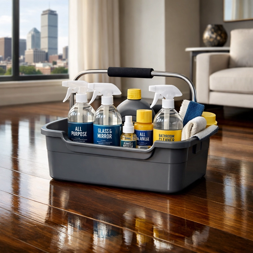 Eco-friendly move-in cleaning supplies on polished hardwood floors in a premium Boston apartment.
