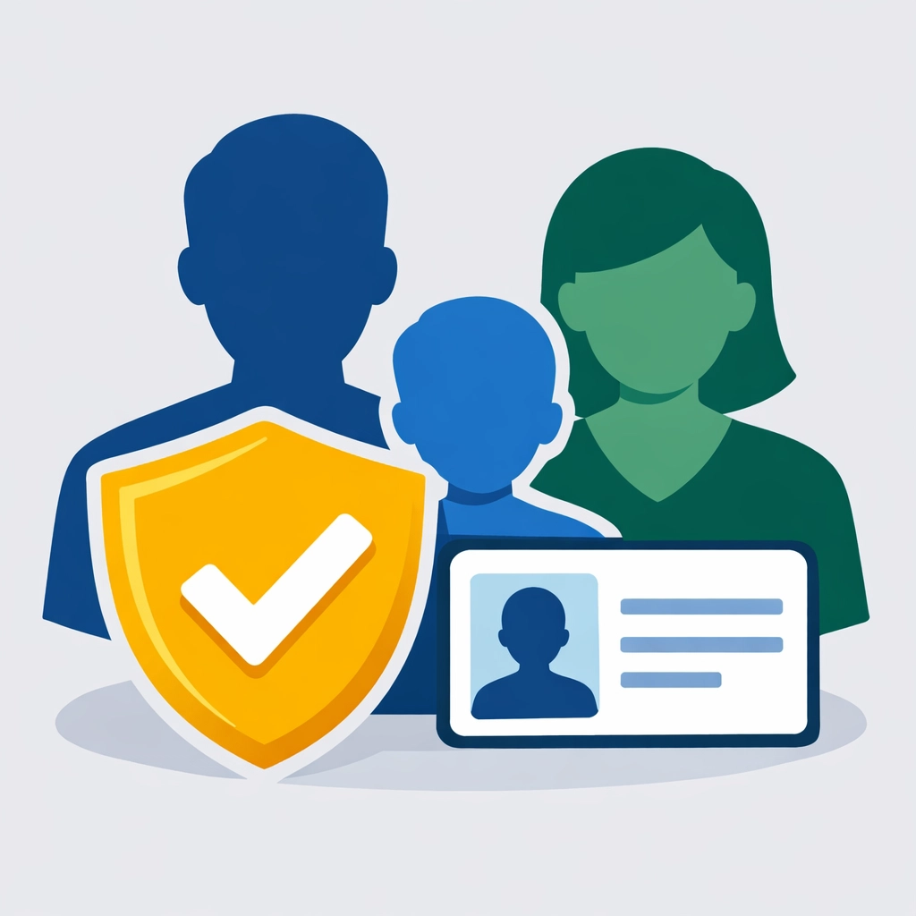 Family silhouettes and a security shield representing verified dependent information for tax returns.