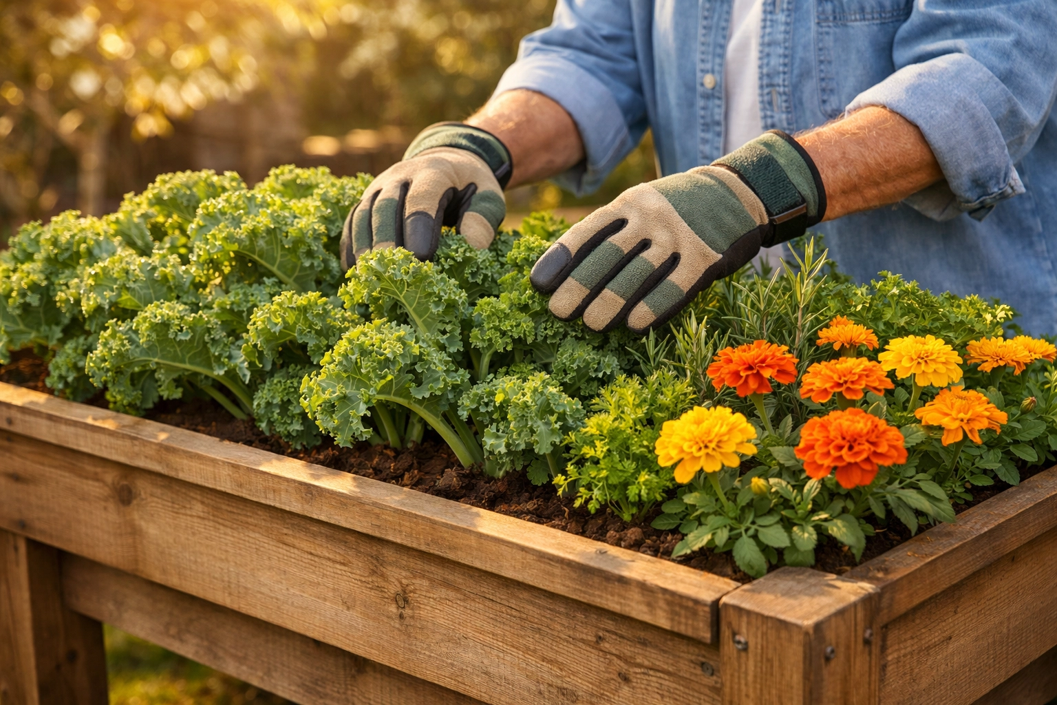 Waist-high wooden raised garden bed allows for senior gardening without bending, reducing fall risk.