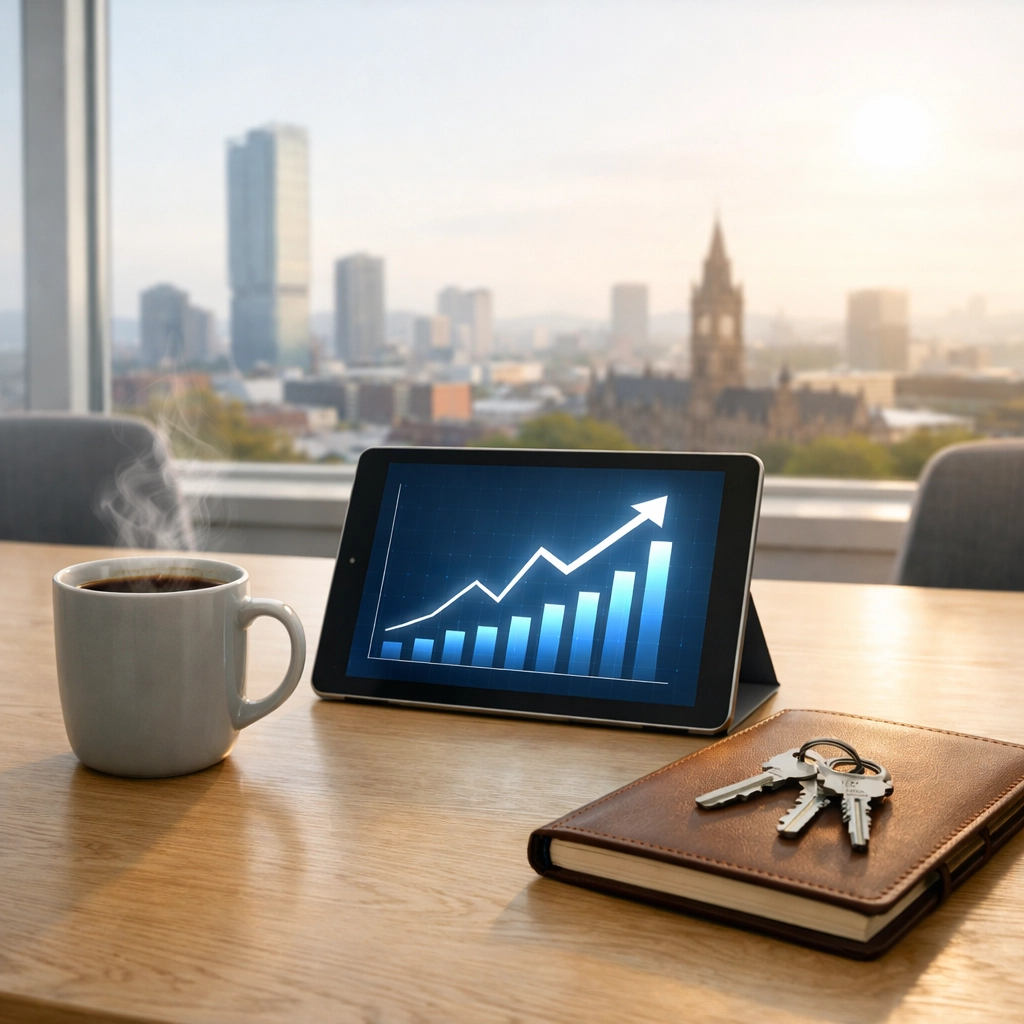 Office table with a business growth chart and keys representing a successful commercial mortgage outcome.