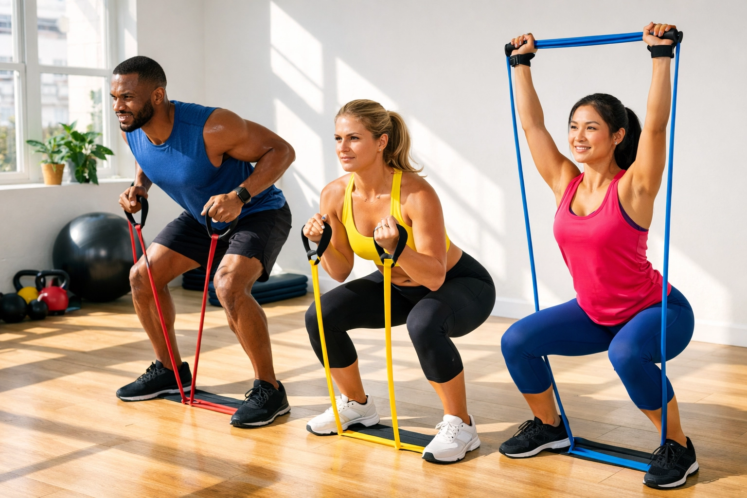 Group fitness training with resistance bands for consistent fat loss workout plan