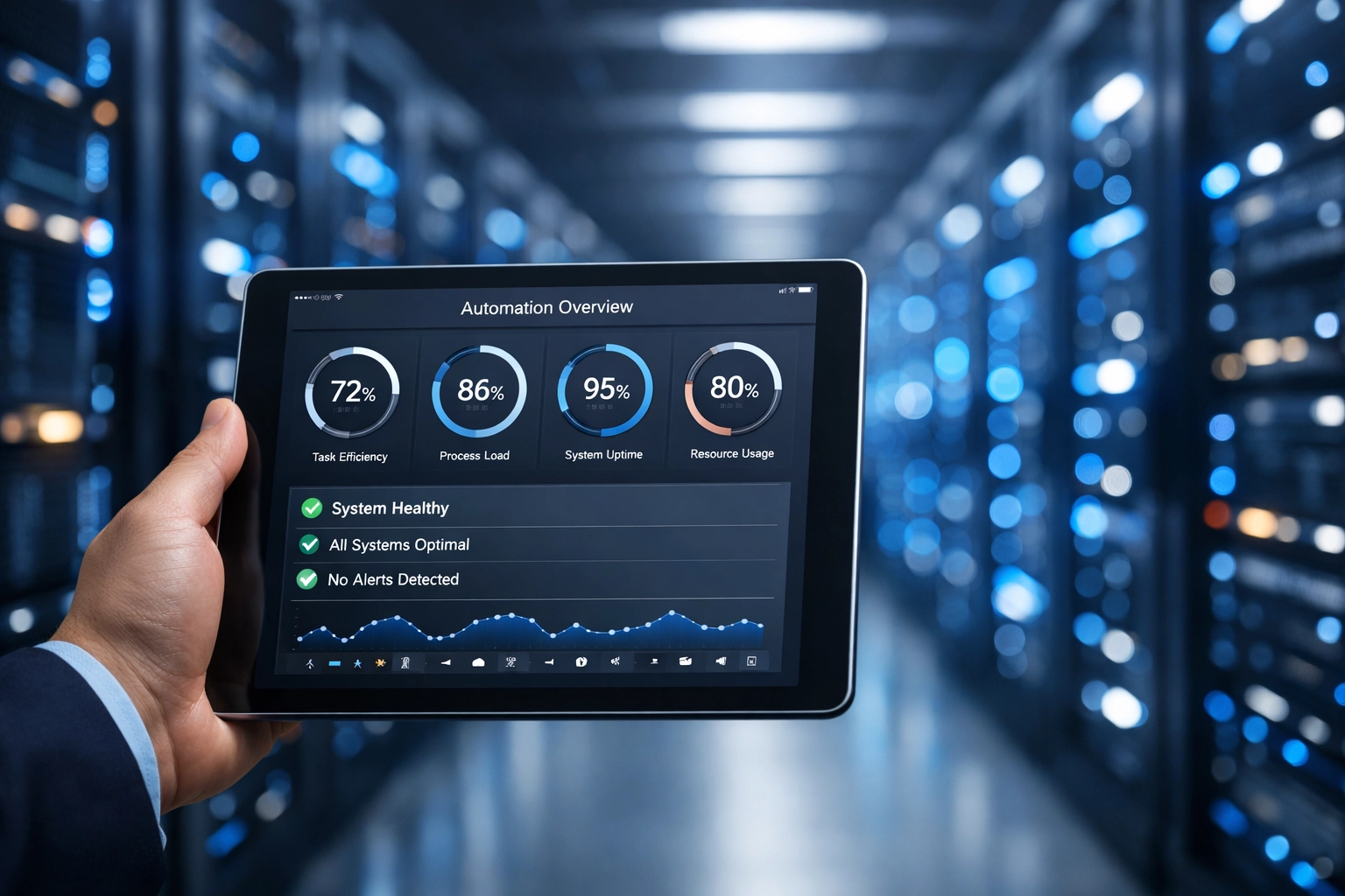 Data center manager using a tablet to monitor ServiceNow intelligent automation and system health.