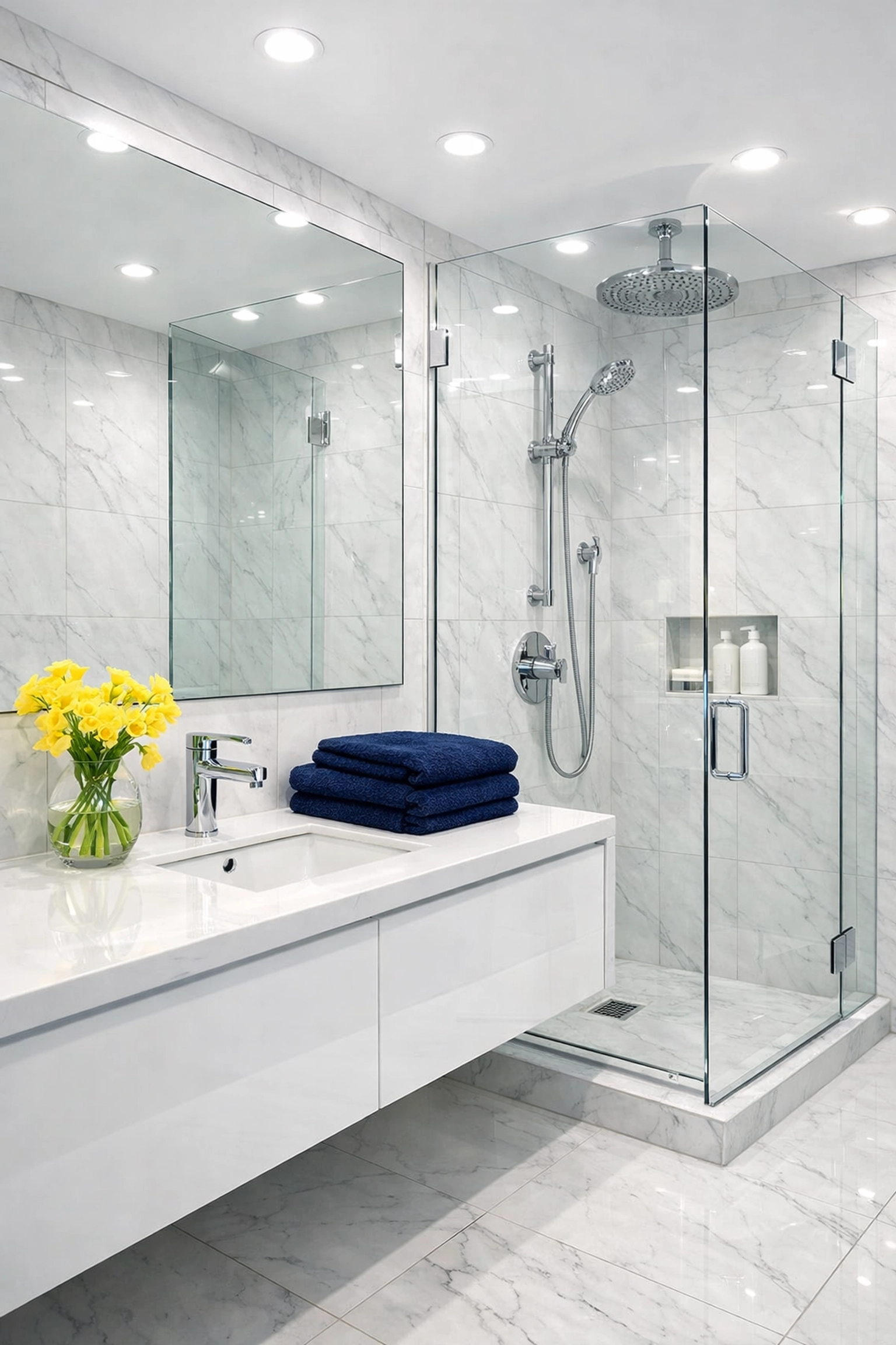 Sanitized luxury bathroom with streak-free mirrors after a Boston apartment move-in cleaning.