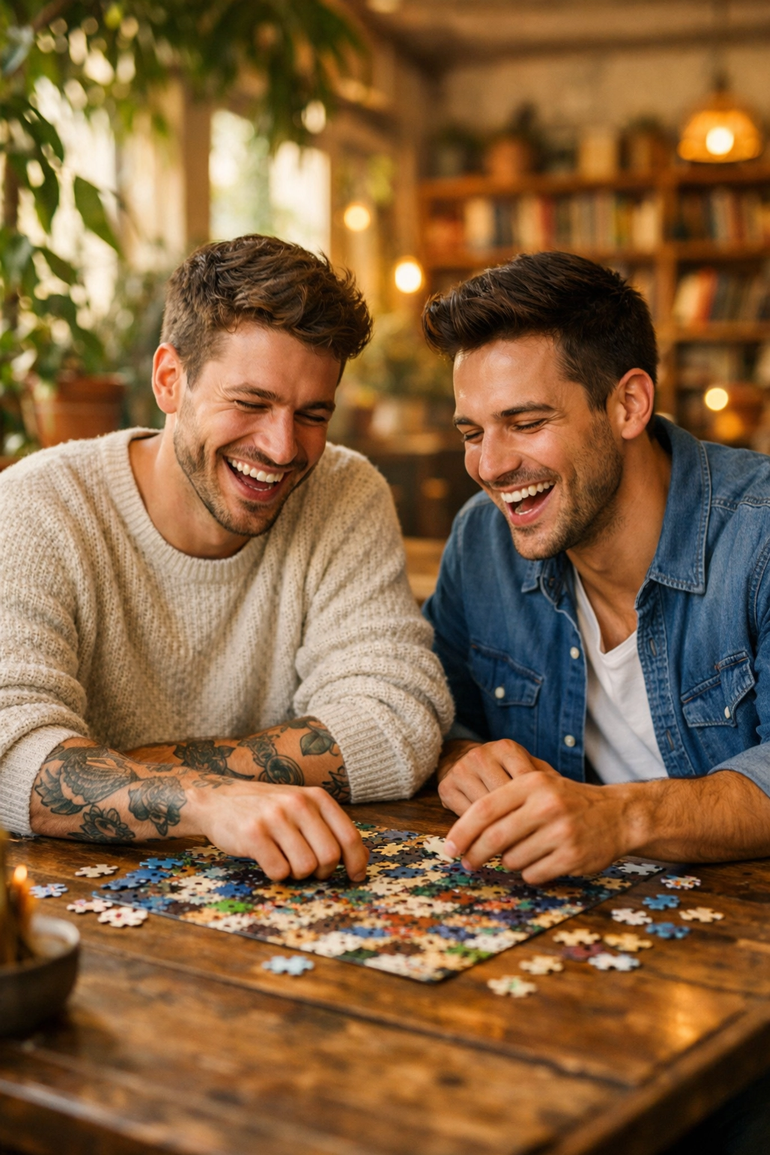 Two gay men laughing while solving a puzzle in a cafe, showcasing queer hobbies and community connection.