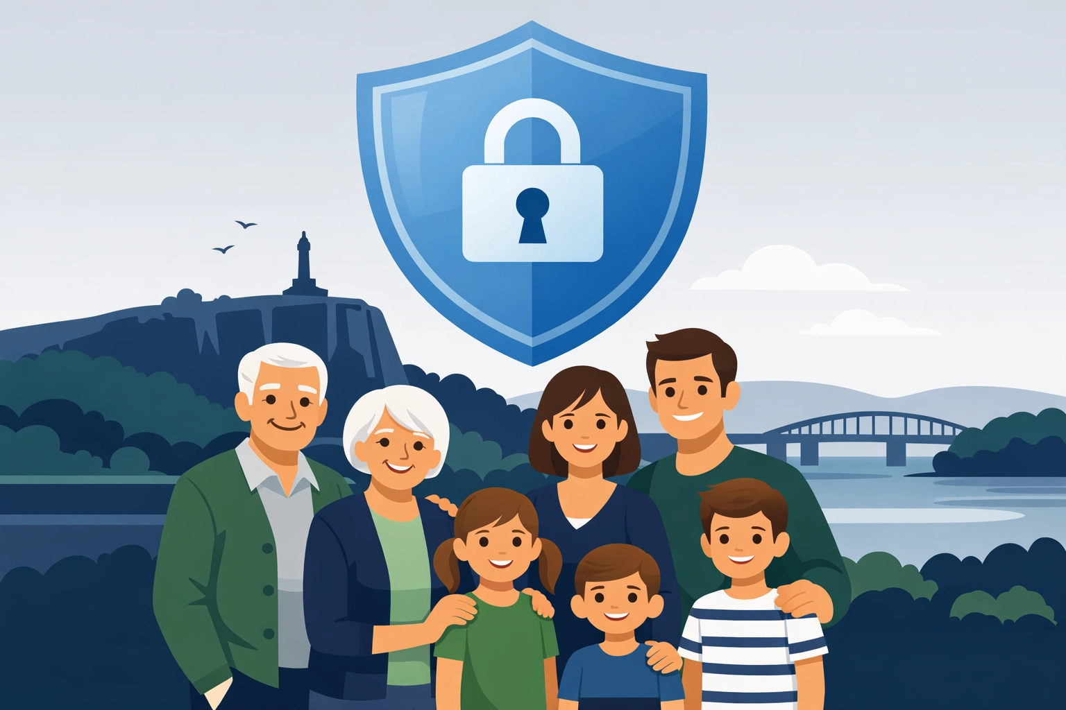 New Haven family protected by a symbolic shield for estate planning and tax security near East Rock.