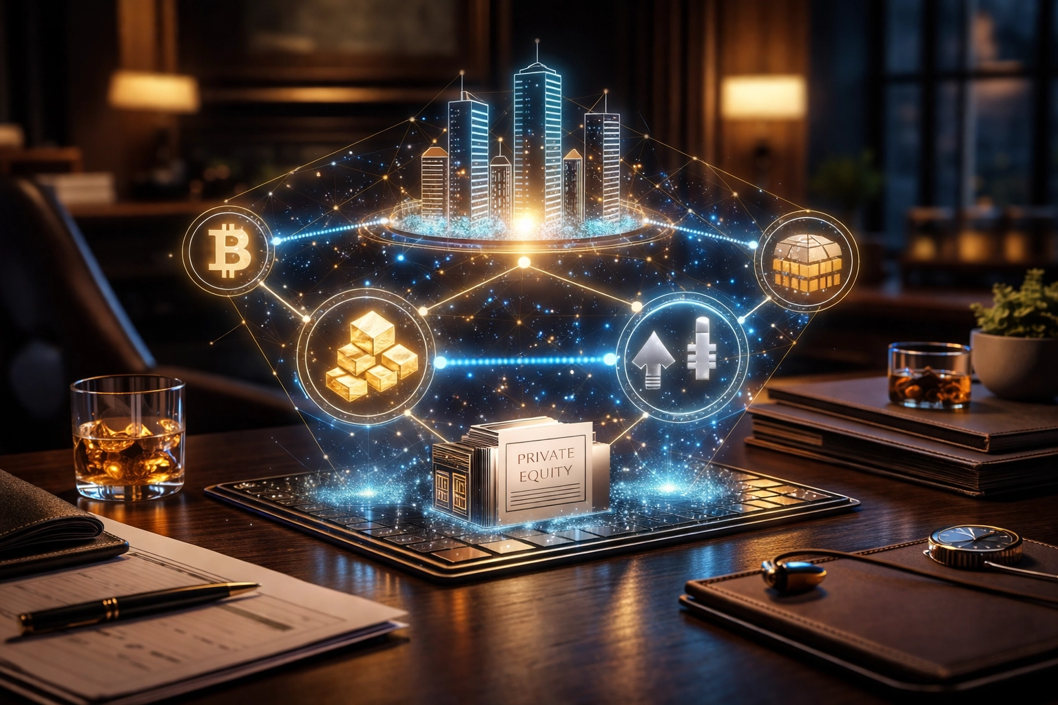 Sophisticated investor's desk with holographic display of diversified alternative investments including real estate, gold, and crypto.