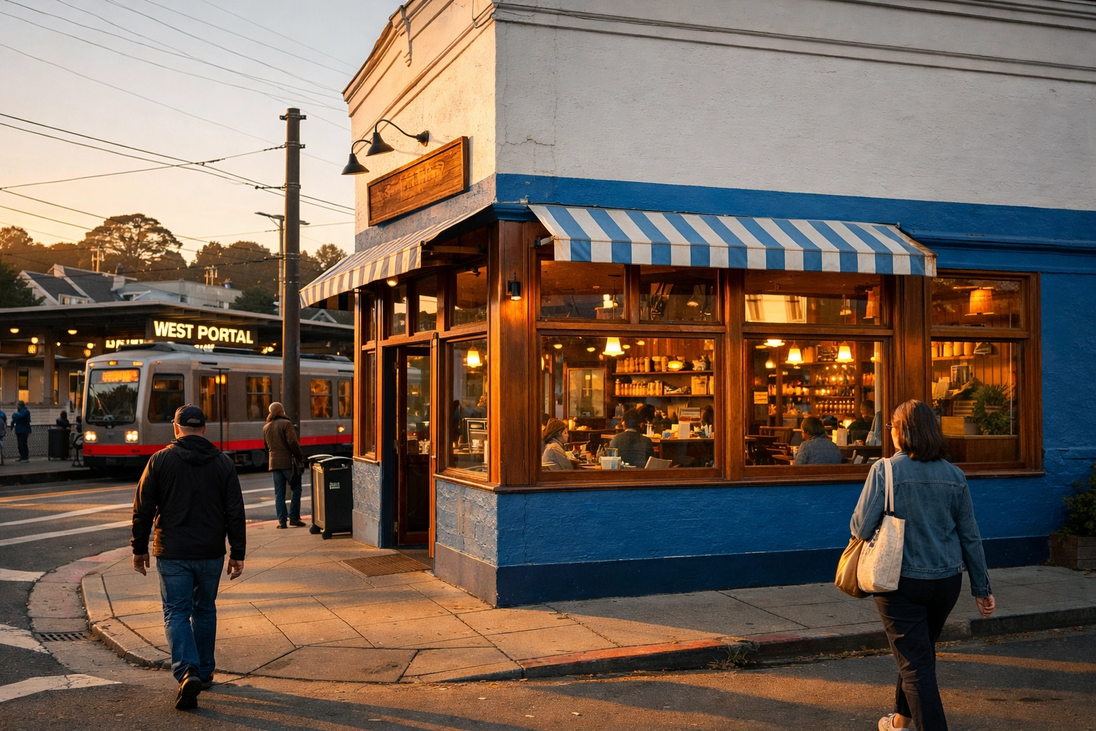West Portal restaurant exterior with blue and white design near San Francisco Muni station