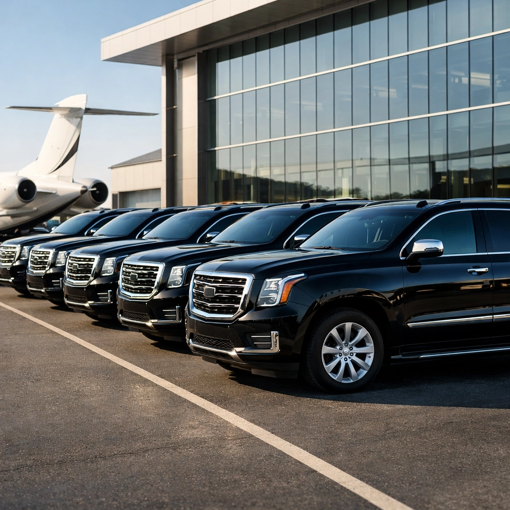 Luxury black SUV fleet at a private jet terminal for elite Super Bowl corporate travel logistics.
