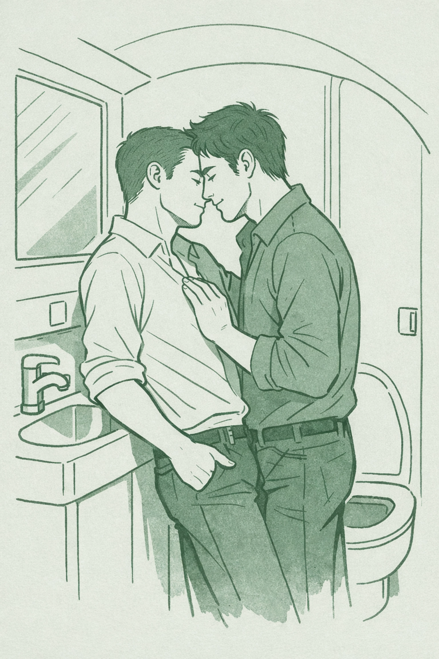 Two men embracing intimately in airplane lavatory - MM romance Mile High Club scene
