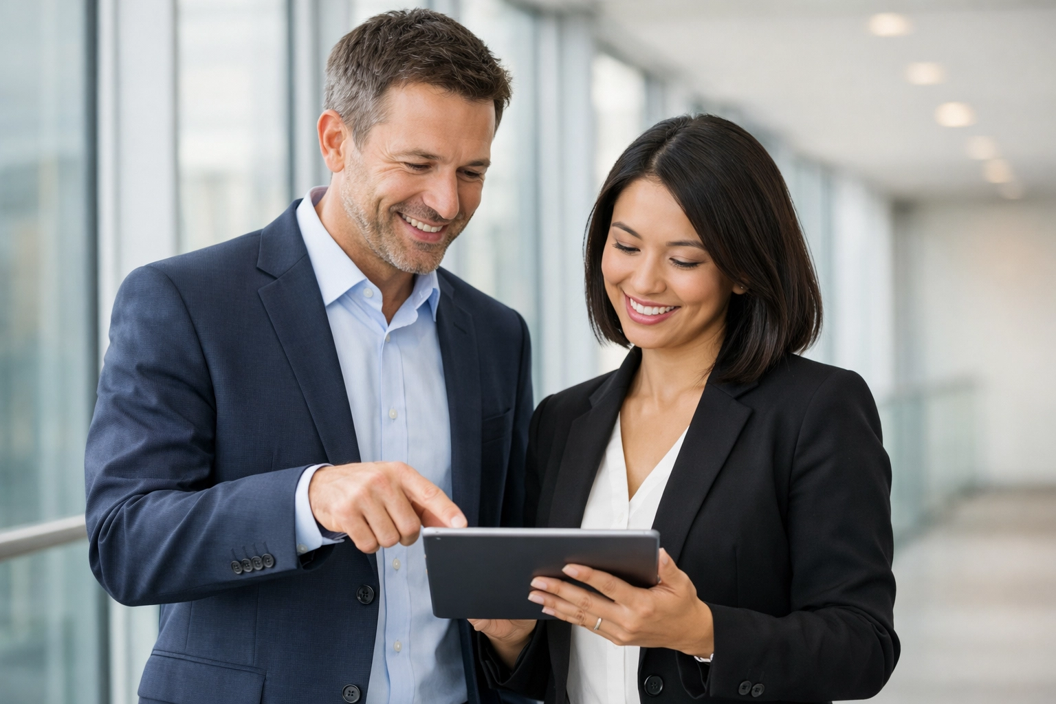 Two professional tax colleagues collaborating on a tablet in a modern office regarding compliance.
